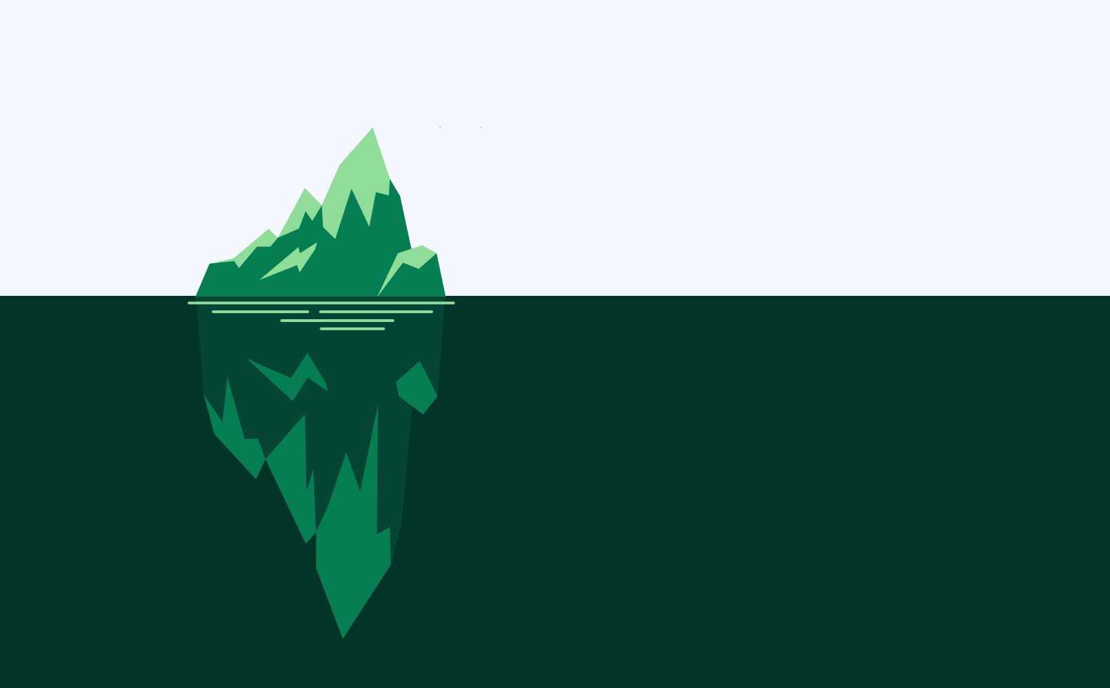 An iceberg: a small visible tip above the water and a far larger mass hidden below